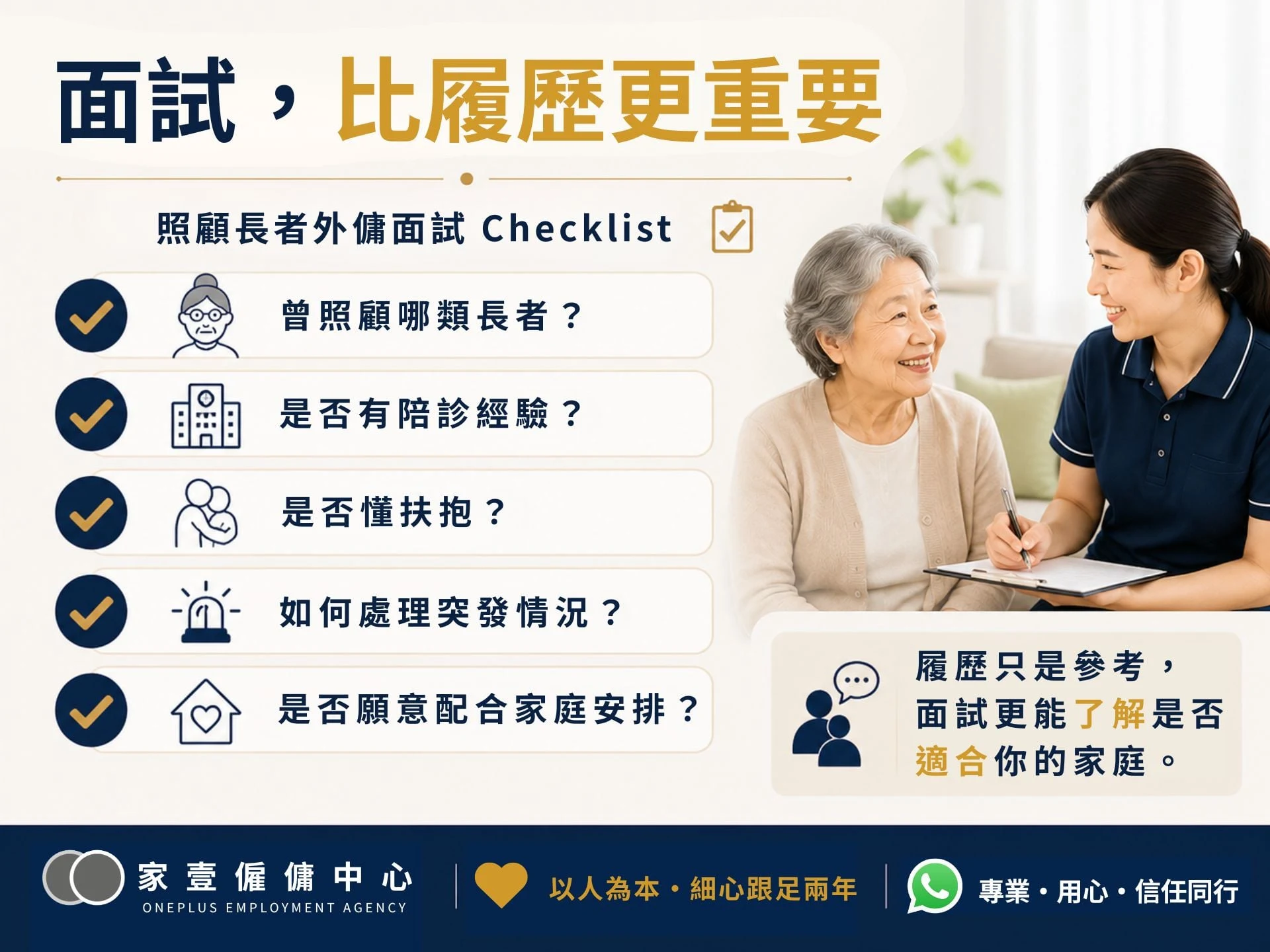 照顧長者外傭面試重點,包括照顧經驗、陪診、扶抱、突發情況處理及家庭配合
